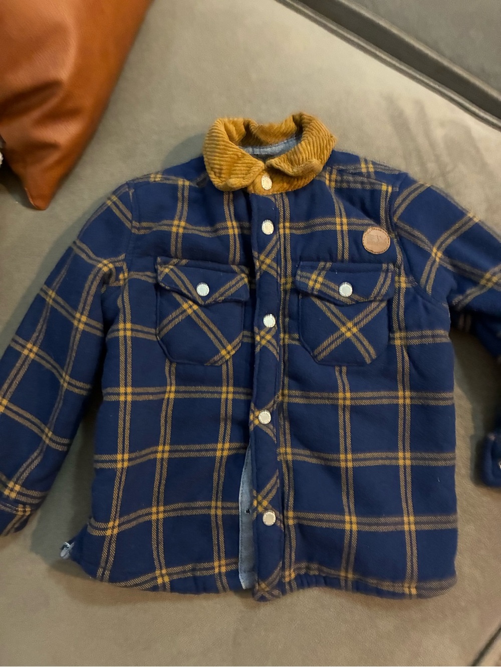 Eddie Bauer Kids Navy and Mustard Plaid Sherpa-Lined Shirt Jacket